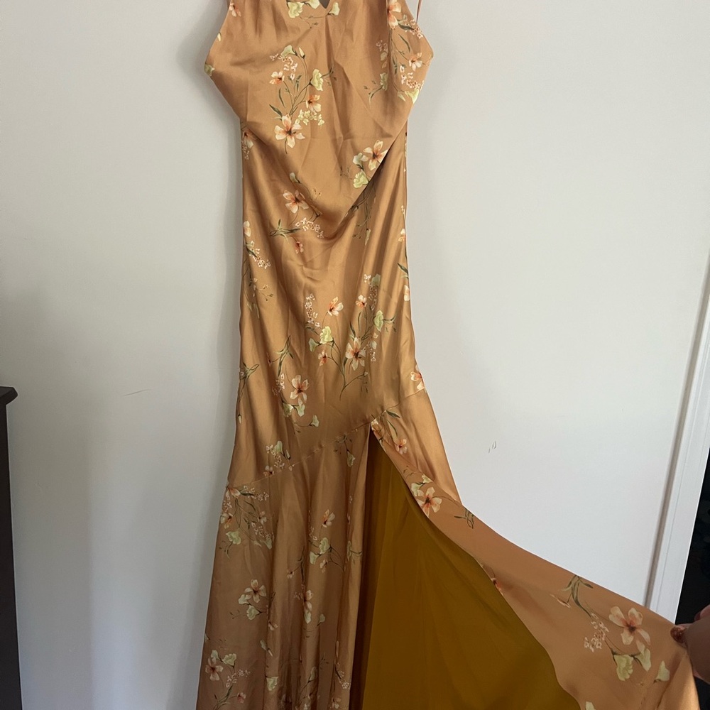 Birdy Grey Camel Floral Satin Maxi Dress with Cream & Light Green Accents
